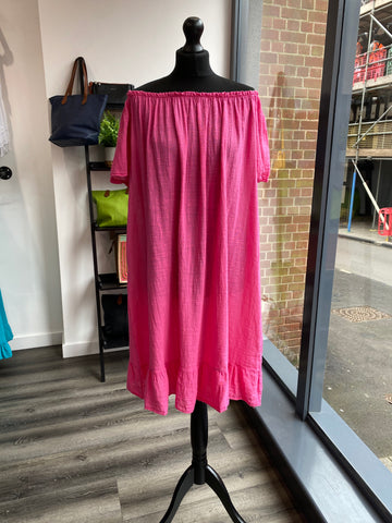Cheesecloth Bardot Dress - Fuchsia