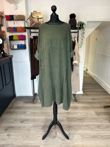 Needlecord Midi Smock Dress - Khaki