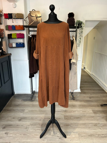 Needlecord Midi Smock Dress - Tan