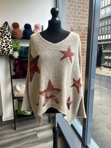 Oversize V Neck Slouchy Star Jumper - Oatmeal