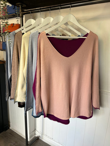 Two Tone V Neck Thin Knit Jumper
