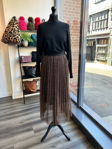 Animal Print Pleated Tulle Skirt - Camel