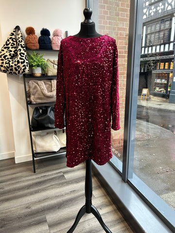 Velvet Sequin Bow Dress - Berry