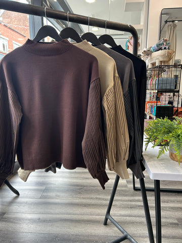 Pleat Sleeve High Neck Jumper