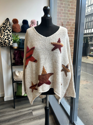 Oversize V Neck Slouchy Star Jumper - Stone