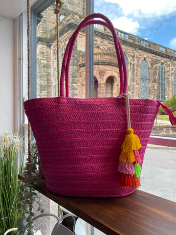Straw Basket Bag - Hot Pink