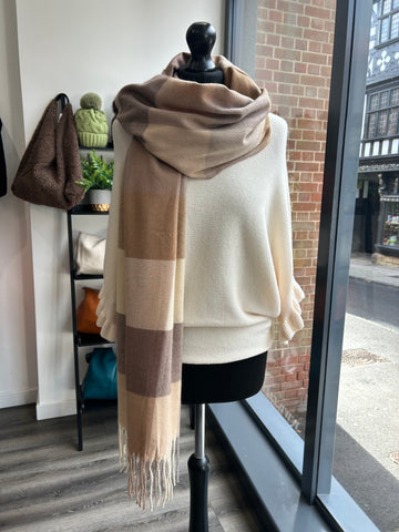 Checked Wool/Cashmere Blend Scarf - Cream