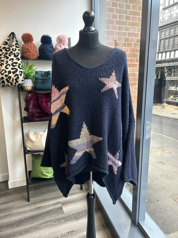 Oversize V Neck Slouchy Star Jumper - Navy