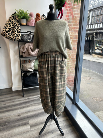 Checked Balloon Leg Trousers - Khaki