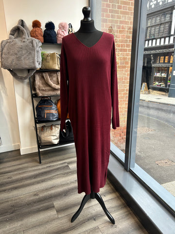 V Neck Knit Dress - Wine