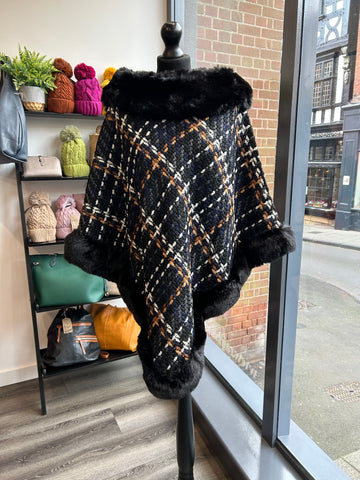 Faux Fur Poncho - Black