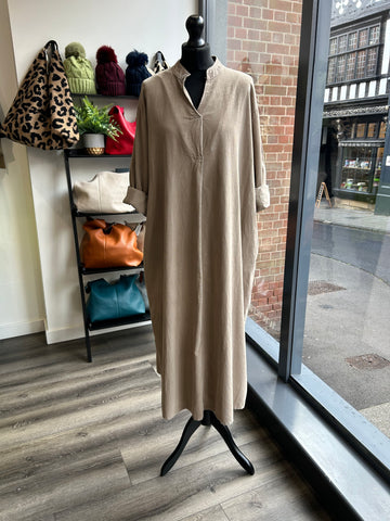 V Neck Needlecord Maxi Dress - Stone