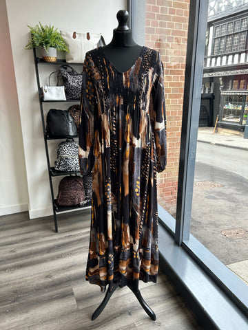 V Neck Shirred Bust Dress - Black