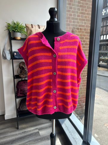 Knit Button Down Top - Hot Pink/Orange