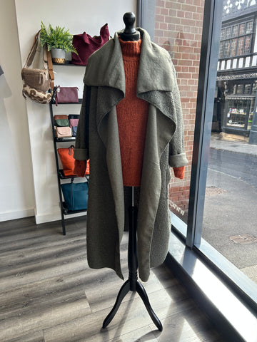 Long Boucle Waterfall Coatigan - Khaki
