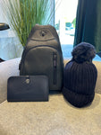 Navy Backpack, Bobble Hat & 2in1 Wallet Purse