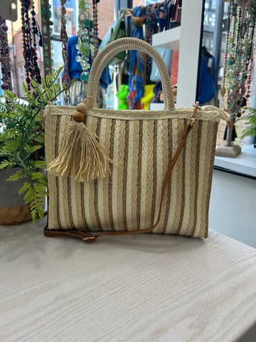 Striped Straw Bag - Stone