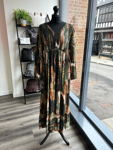 V Neck Shirred Bust Dress - Khaki