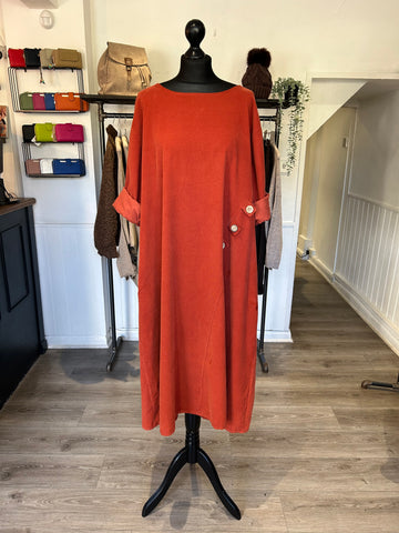 Needlecord Button Dress - Burnt Orange