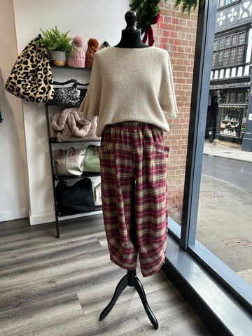 Checked Balloon Leg Trousers - Wine