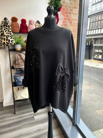 Sweatshirt Sparkle Bow Top - Black