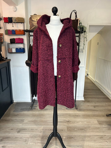 Hooded Boucle Coat - Berry