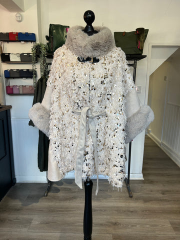 Faux Fur Sequin Cape - Ivory