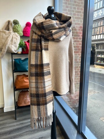 Checked Tassel Scarf - Camel