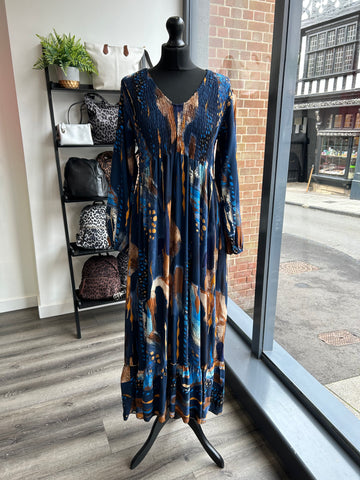 V Neck Shirred Bust Dress - Navy