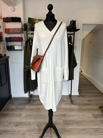 V Neck Knit Dress - Warm White