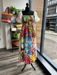 Linen Blend Shirred Bust Dress - Abstract