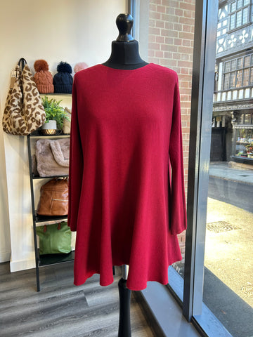 Longline Ribbed Knit Swing Jumper - Wine