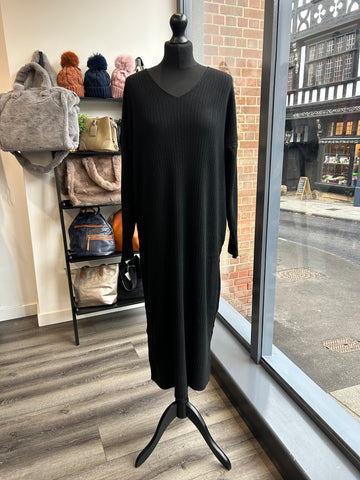 V Neck Knit Dress - Black
