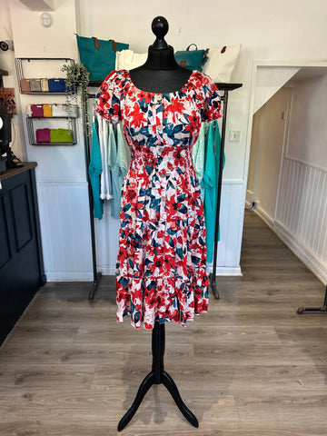 Shirred Waist Midi Dress - Red