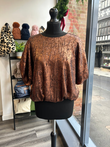 Puff Sleeve Metallic Top - Chocolate