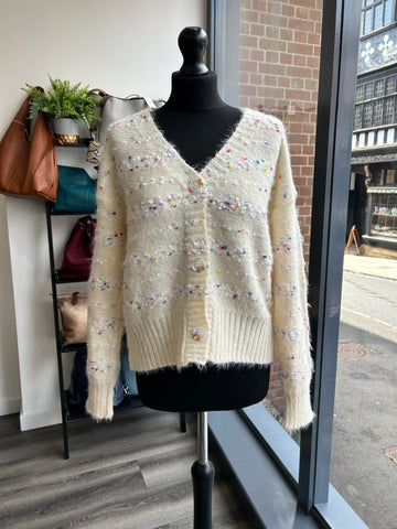 Speckled Fluffy Knit Cardigan - Cream