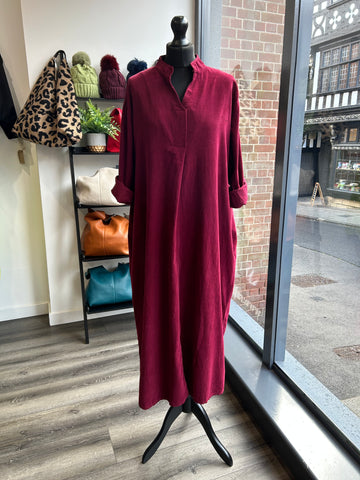 V Neck Needlecord Maxi Dress - Berry