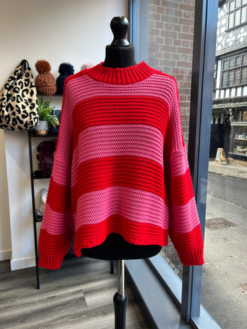 Chunky Cable Knit Jumper - Red/Hot Pink