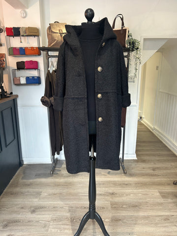 Hooded Boucle Coat - Black