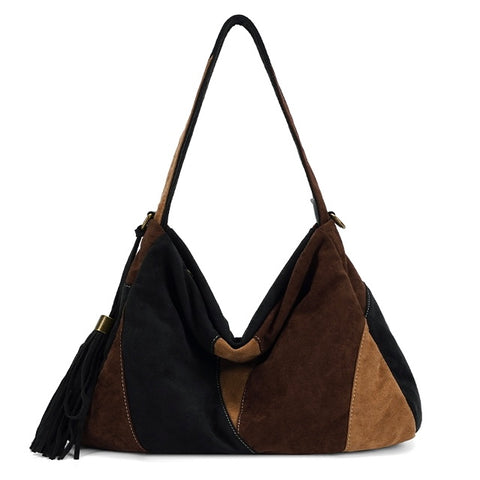 Faux Suede Shoulder Bag - Chocolate/Black