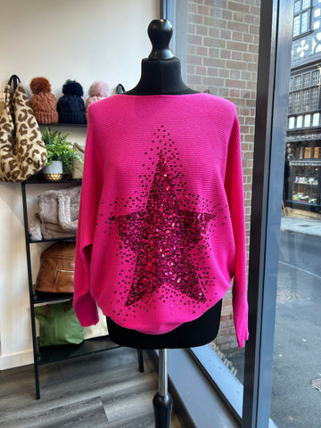 Sequin Star Batwing Jumper - Hot Pink