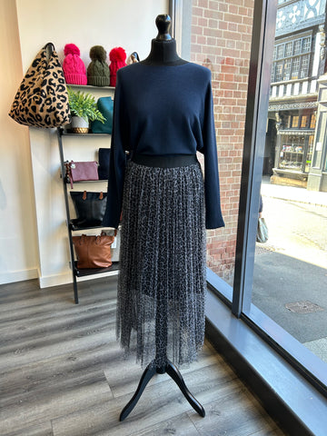 Animal Print Pleated Tulle Skirt - Grey