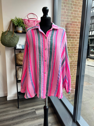 Textured Cheesecloth Striped Shirt - Neon Pink