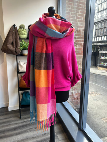 Checked Wool/Cashmere Blend Scarf - Hot Pink