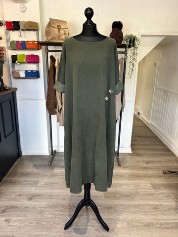 Needlecord Button Dress - Khaki