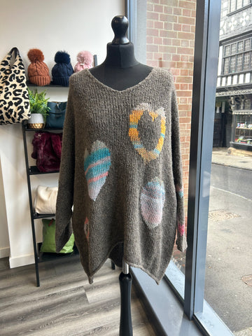 Oversize Dipped Back Heart Jumper - Mocha