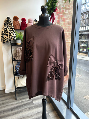 Sweatshirt Sparkle Bow Top - Chocolate