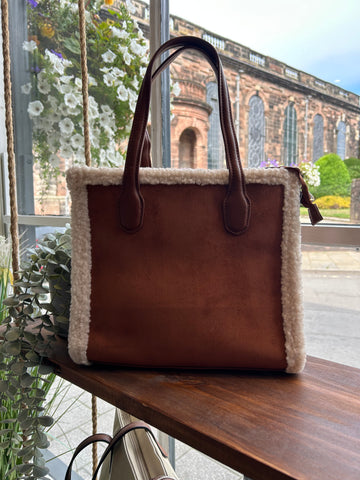 Faux Suede Shearling Bag - Camel