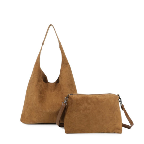 2in1 Faux Suede Shoulder Bag - Tan