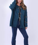 Animal Print Tie Front Cardigan - Teal